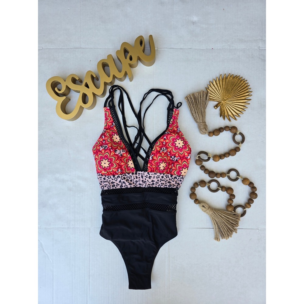 Strappy One Piece Swimsuit • Floral Leopard Eclectic Mixed Print • Medium NEW